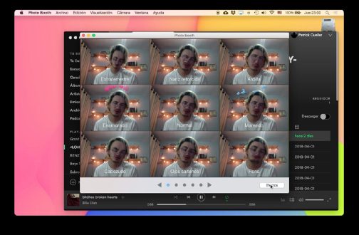 Screen recording still showing a grid of Photo Booth portraits on a colourful desktop.